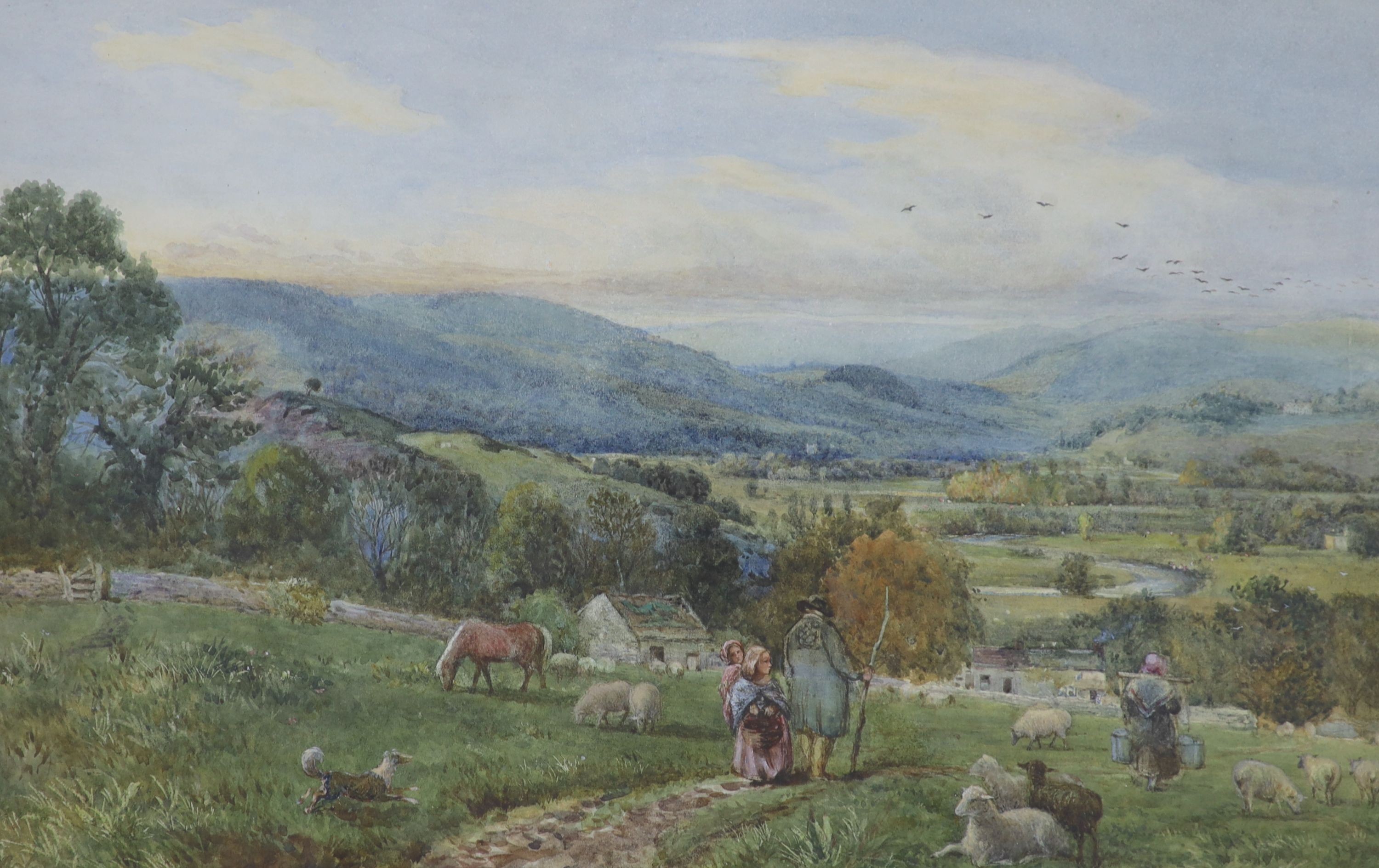 John Henry Mole (1814-1886), watercolour, Shepherd and flock on the downs, signed, 45 x 69cm